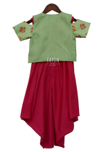 Load image into Gallery viewer, Girls Candy Pink Crop Top Dhoti With Green Embroidery Jacket