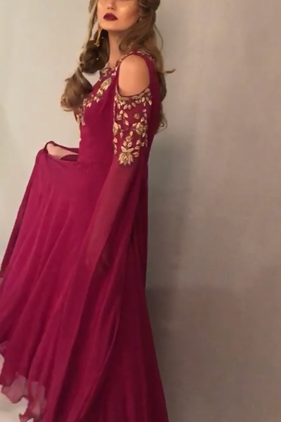 Designer Cold shoulder long sleeve gown with handwork Perfect Panache