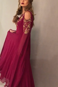 Cold Shoulder Long Sleeve Gown With Handwork