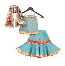 Load image into Gallery viewer, Girls Cotton Foil Printed Kurti With Sharara &amp; Printed Dupatta