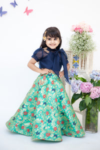 Girls Dark Blue Organza Top With Brocade Lehenga