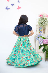 Girls Dark Blue Organza Top With Brocade Lehenga