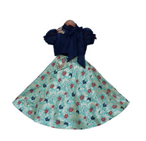 Girls Dark Blue Organza Top With Brocade Lehenga