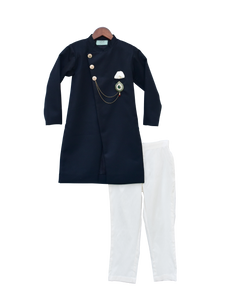 Boys Dark Blue Ajkan With Pant & Stone Broach