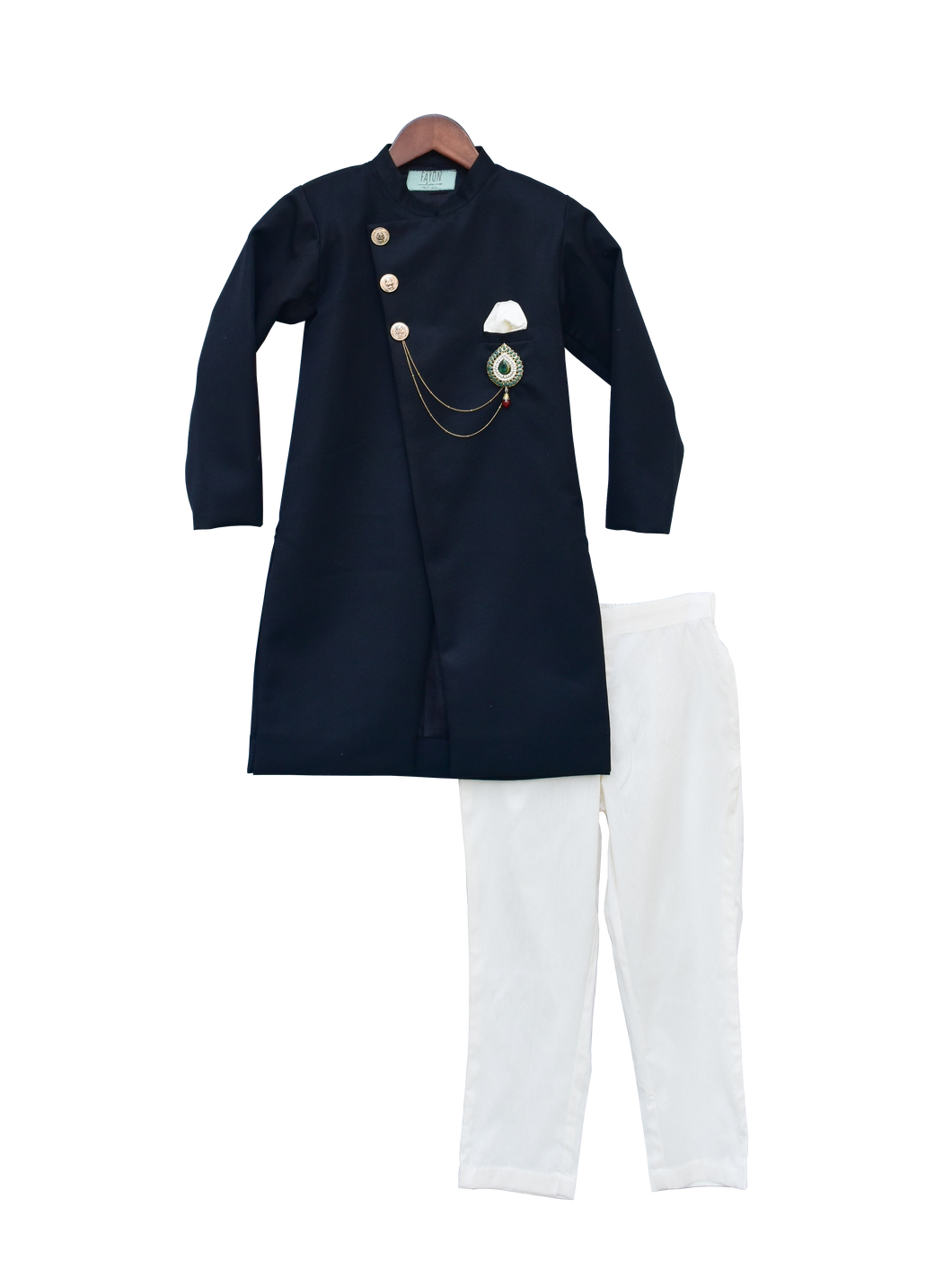 Boys Dark Blue Ajkan With Pant & Stone Broach