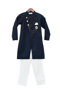 Boys Dark Blue Ajkan With Pant & Stone Broach