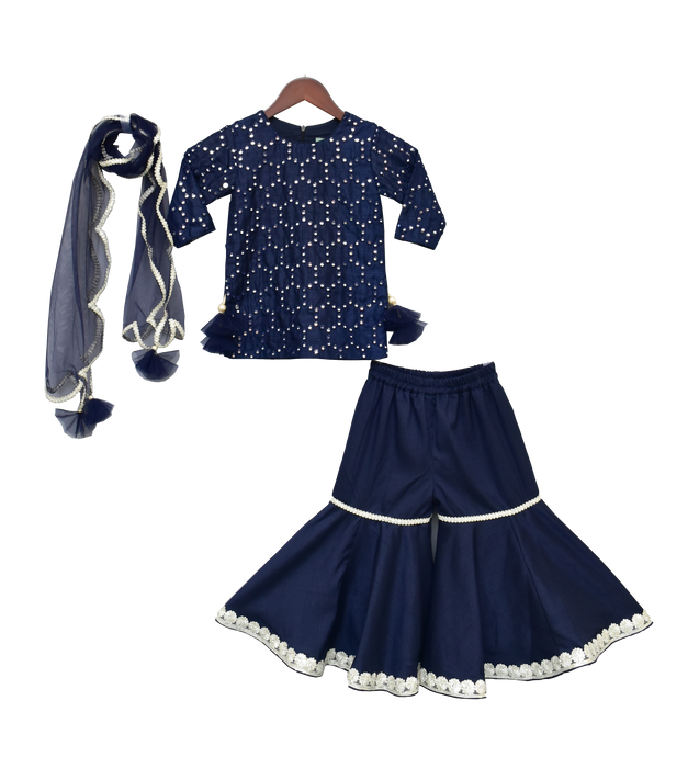 Girls Dark Blue Mirror Work Kurti With Sharara