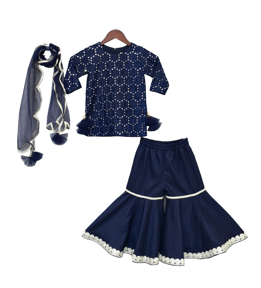 Girls Dark Blue Mirror Work Kurti With Sharara