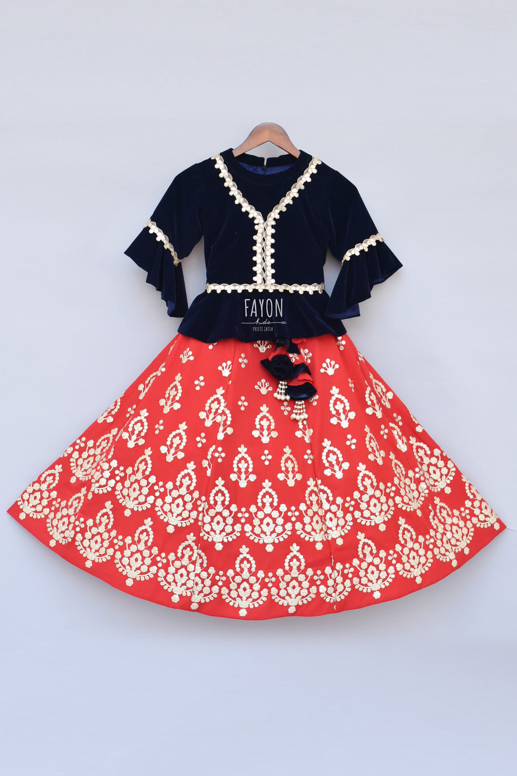 Girls Dark Blue Velvet Peplum Choli With Red Gota Lehenga