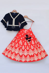 Girls Dark Blue Velvet Peplum Choli With Red Gota Lehenga