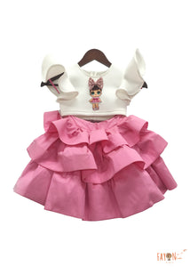 Girls Doll Emblem Crop Top With Pink Skirt