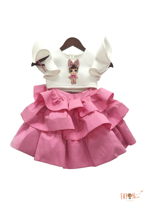 Girls Doll Emblem Crop Top With Pink Skirt