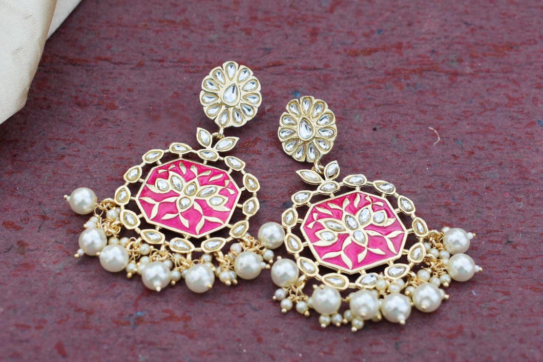 Buy Hot pink Enamel with pearls Indian Party Geeta Earrings: Perfect Panache