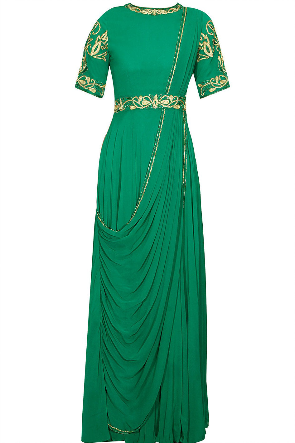 Buy Green Indo Western Gown In Georgette With Multi Color Floral Embroidery