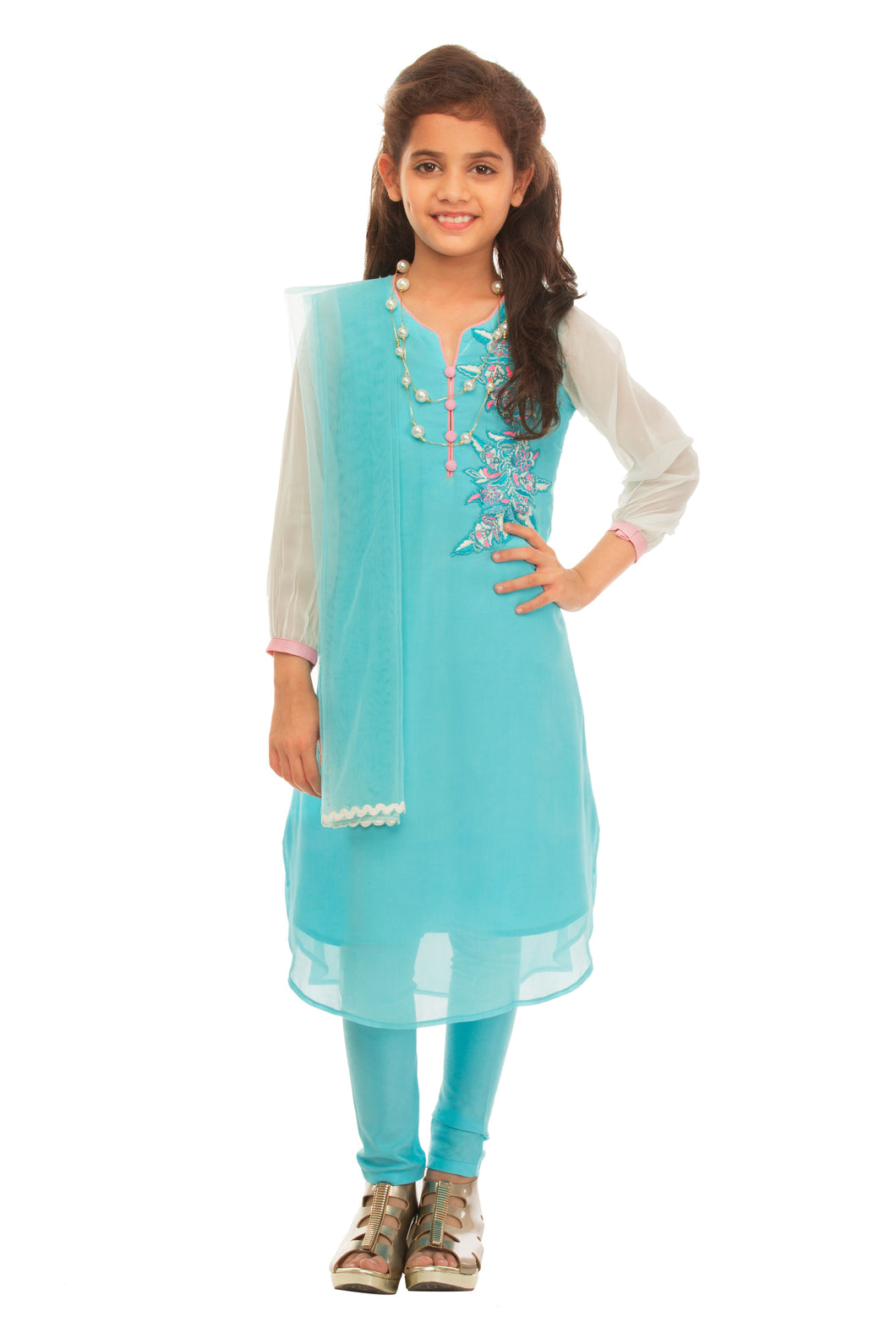 Girls Blue And White Kalidaar Set