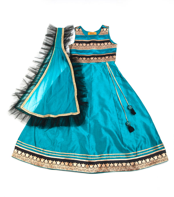 Girls Blue Lehenga Teal With Black Frill On Dupatta