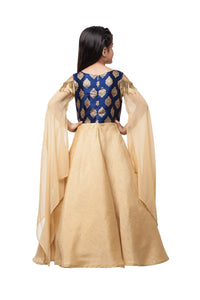 Girls Gold And Blue Gown With Embroidery In Dabka And Tasseled Beads