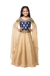 Girls Gold And Blue Gown With Embroidery In Dabka And Tasseled Beads