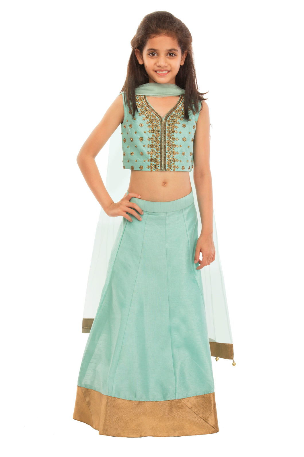 Girls Green Mint Zardozi Lehenga