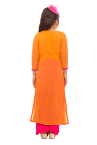 Girls Orange Pink Mirror Work Suit