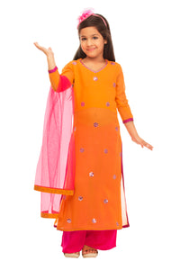 Girls Orange Pink Mirror Work Suit
