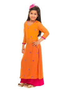 Girls Orange Pink Mirror Work Suit