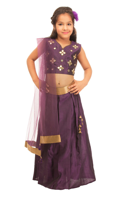 Girls Purple Lehenga With Mirror Work