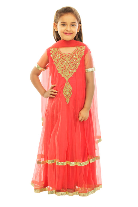 Girls Red Anarkali Suit With Churidaar