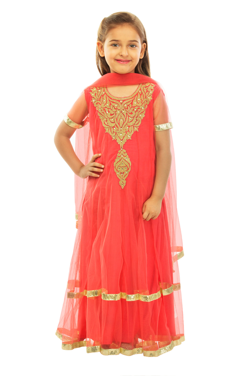 Girls Red Anarkali Suit With Churidaar
