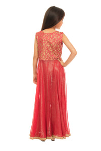 Girls Red Asymetrical Kurta With Trouser
