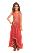 Load image into Gallery viewer, Girls Red Asymetrical Kurta With Trouser