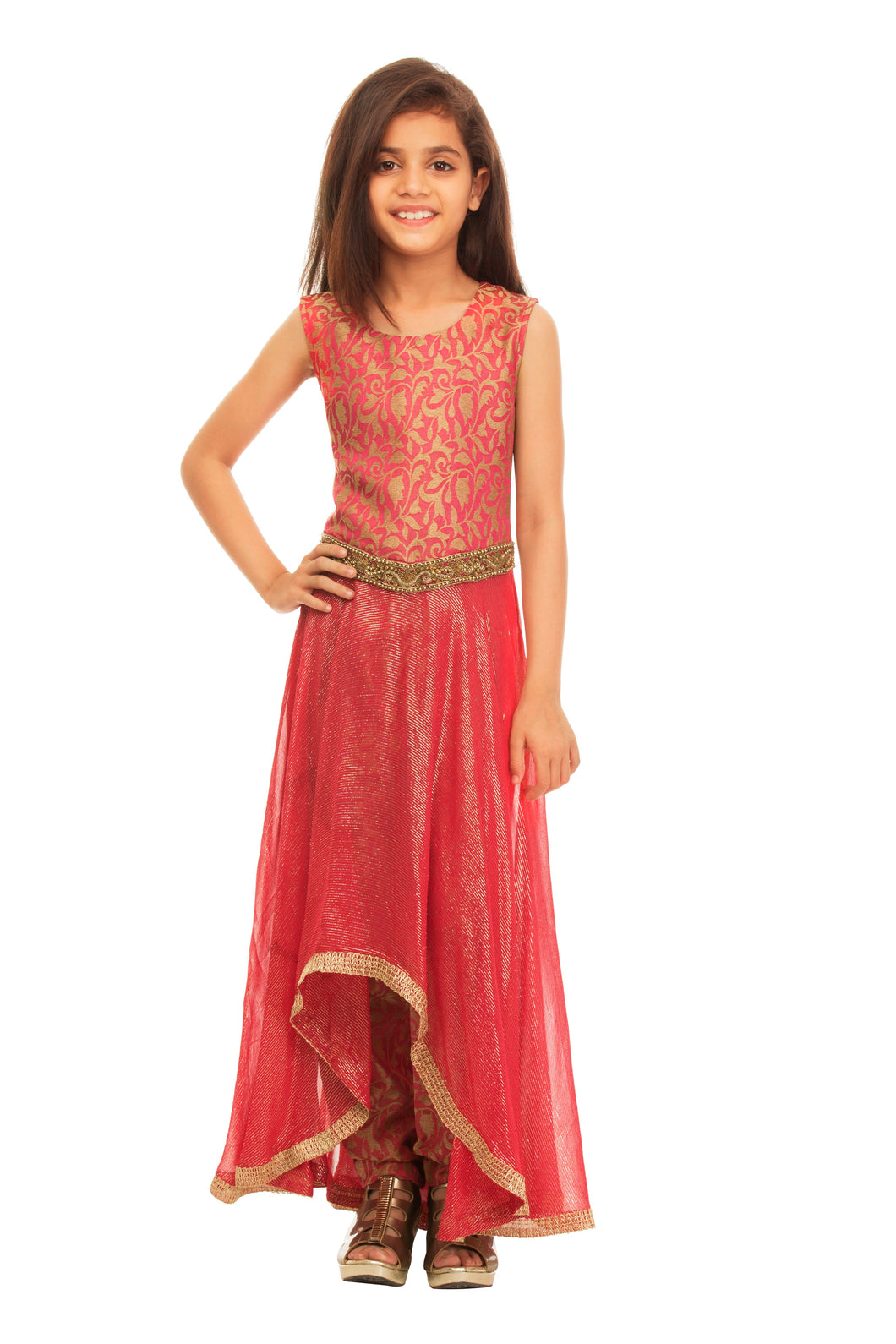 Girls Red Asymetrical Kurta With Trouser