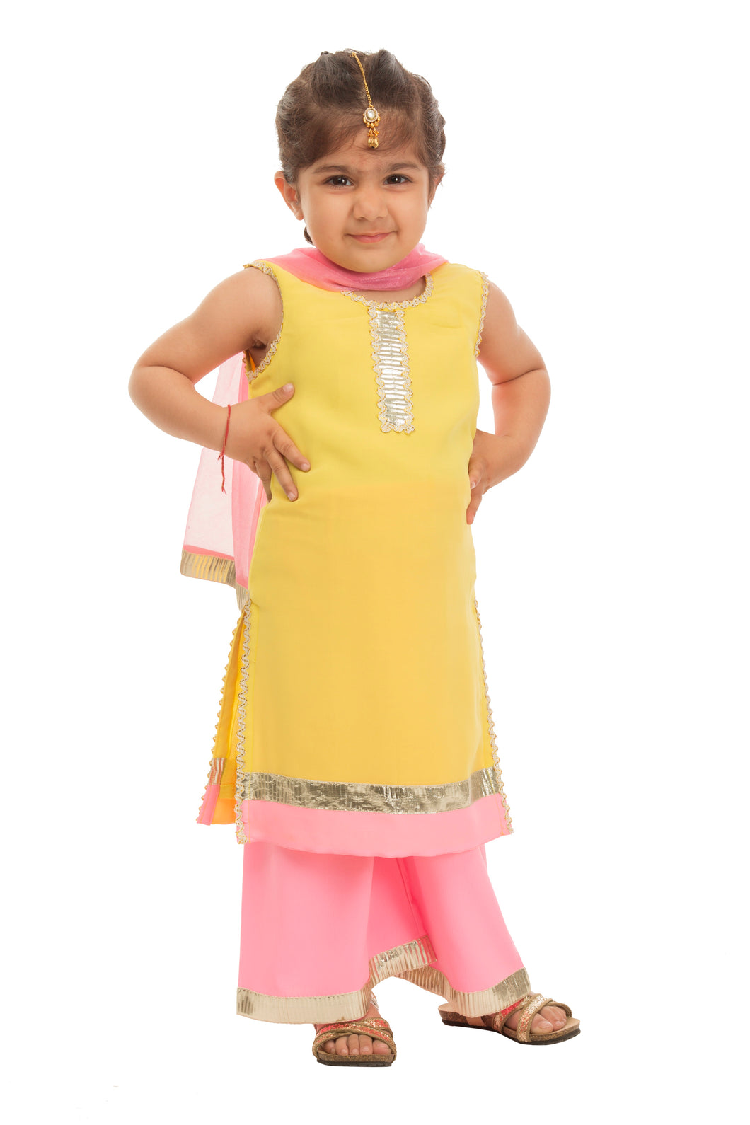 Girls Yellow And Pink Crepe Suit