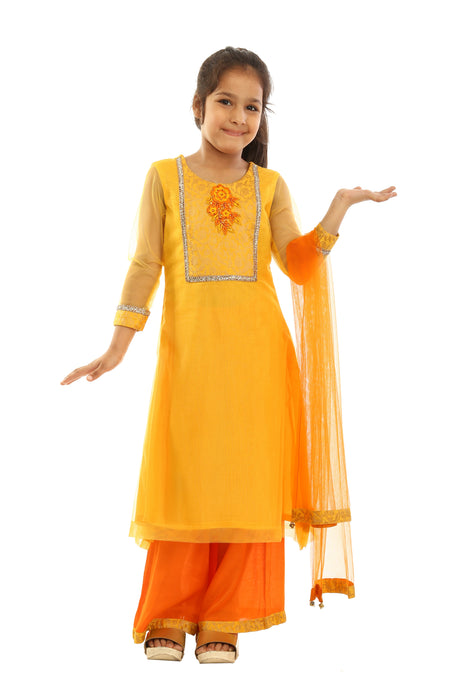 Girls Yellow Net Suit With Orange Plazzo