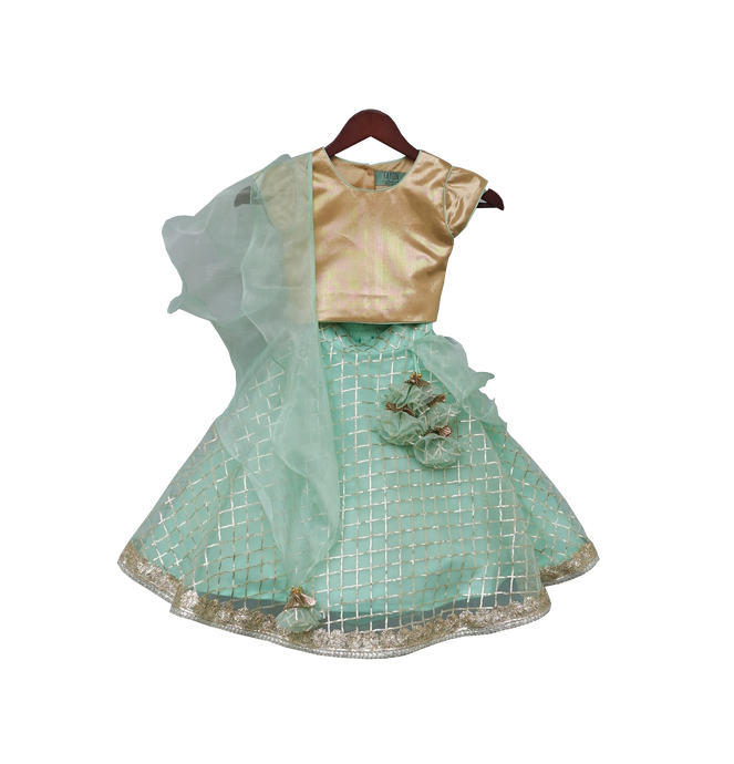 Girls Golden Choli With Aqua Green Gota Lehenga