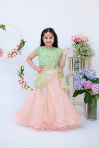 Girls Green Embroidery Choli With Peach Boti Lehenga