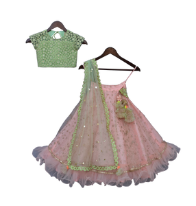 Girls Green Embroidery Choli With Peach Boti Lehenga