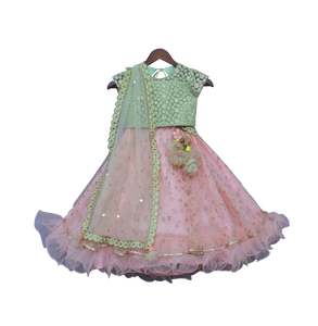 Girls Green Embroidery Choli With Peach Boti Lehenga