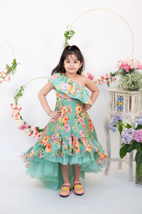Girls Green Floral Print Gown