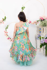 Girls Green Floral Print Gown