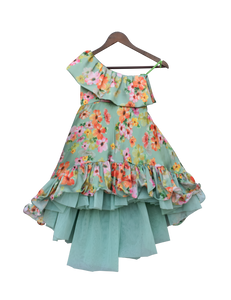 Girls Green Floral Print Gown