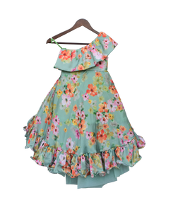 Girls Green Floral Print Gown