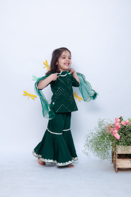 Girls Green Mirror And Thread Work Kurti And Sharara