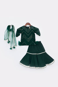 Girls Green Mirror And Thread Work Kurti And Sharara