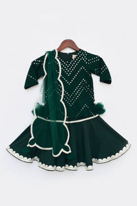 Girls Green Mirror And Thread Work Kurti And Sharara