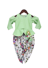 Load image into Gallery viewer, Girls Green Mirror Work Peplum With Printed Dhoti