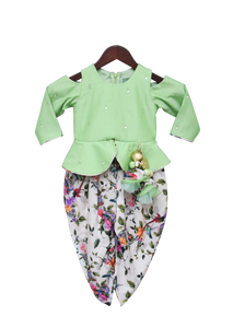 Girls Green Mirror Work Peplum With Printed Dhoti