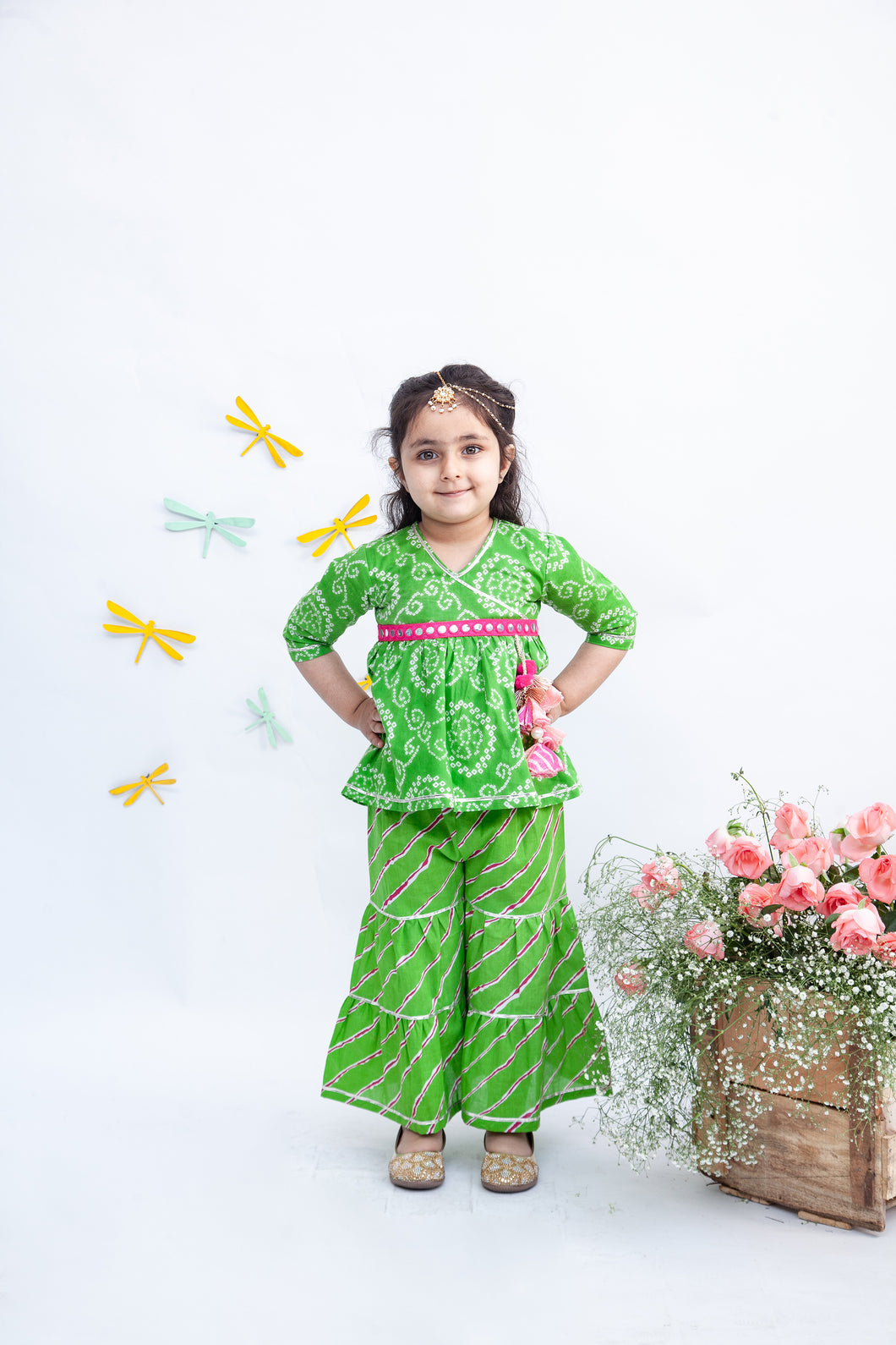 Girls Green Printed Kurti Sharara Set