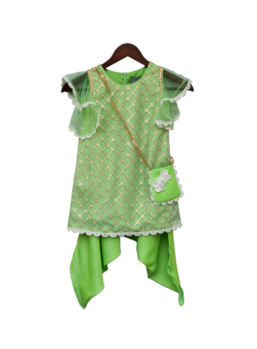 Girls Green Bottie Net Kurti With Dhoti