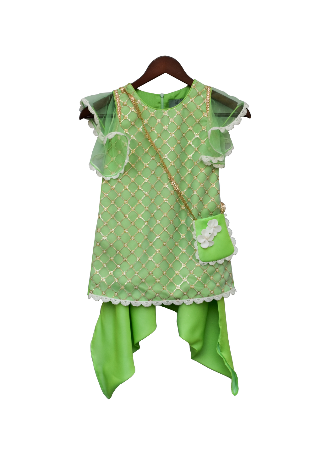 Girls Green Bottie Net Kurti With Dhoti